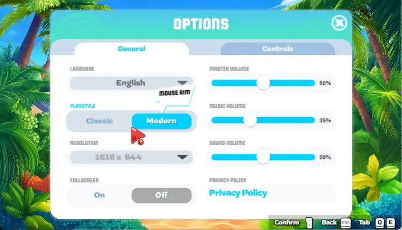 Bubbits options screen - Modern or Classic Playstyle