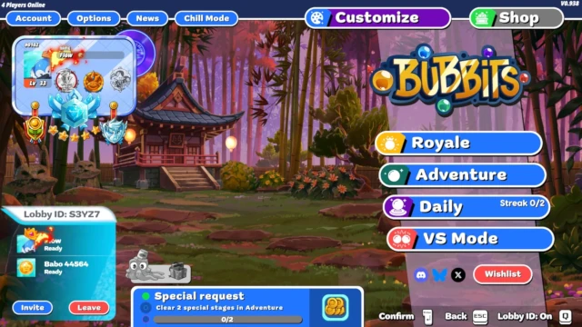 Bubbits main menu with party section highlighted